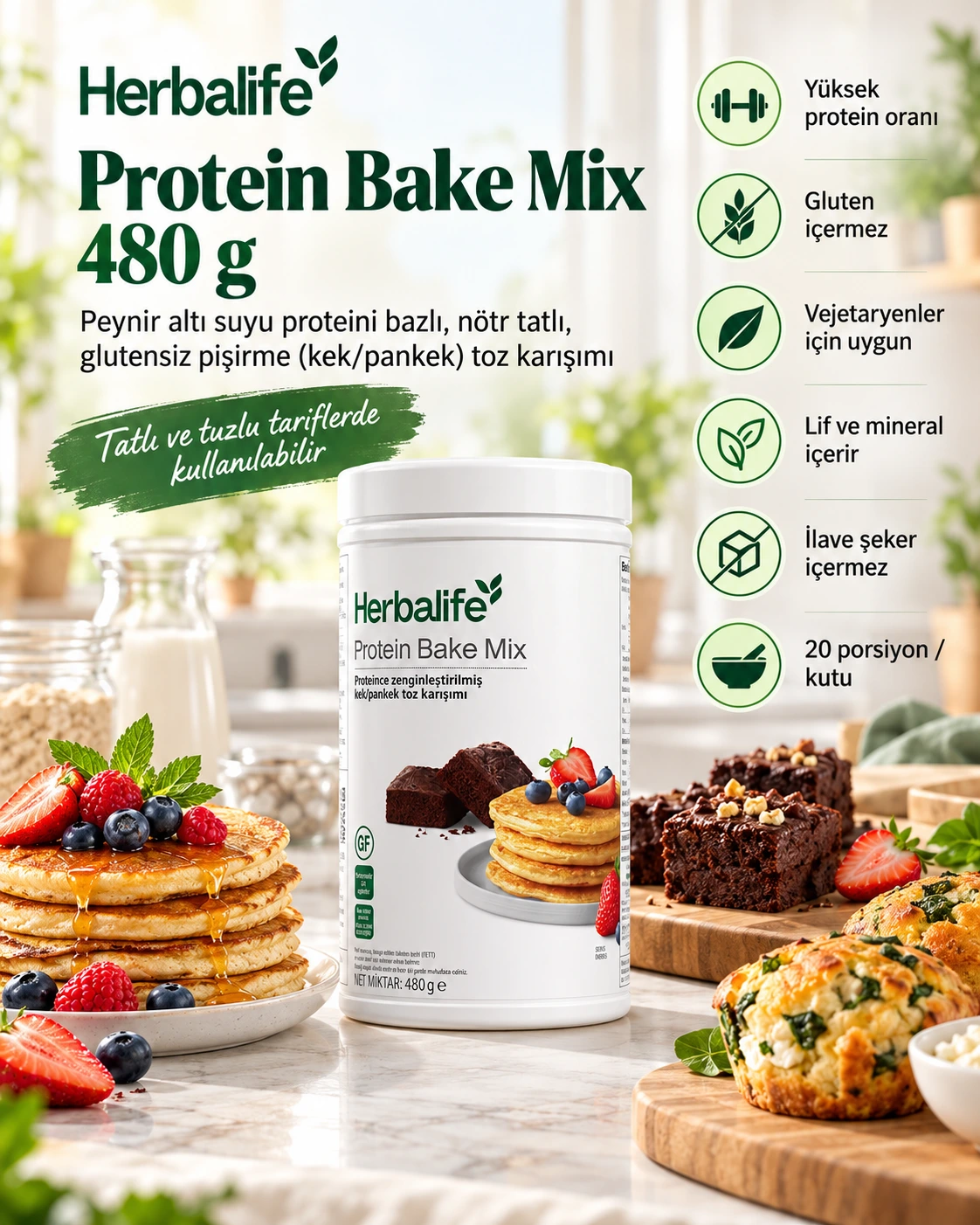 Herbalife Protein Bake Mix 480 g Herbalife Protein Bake Mix 480 g görseli; yüksek proteinli, glutensiz, ilave şeker içermeyen ve vejetaryenler için uygun kek ve pankek toz karışımı.