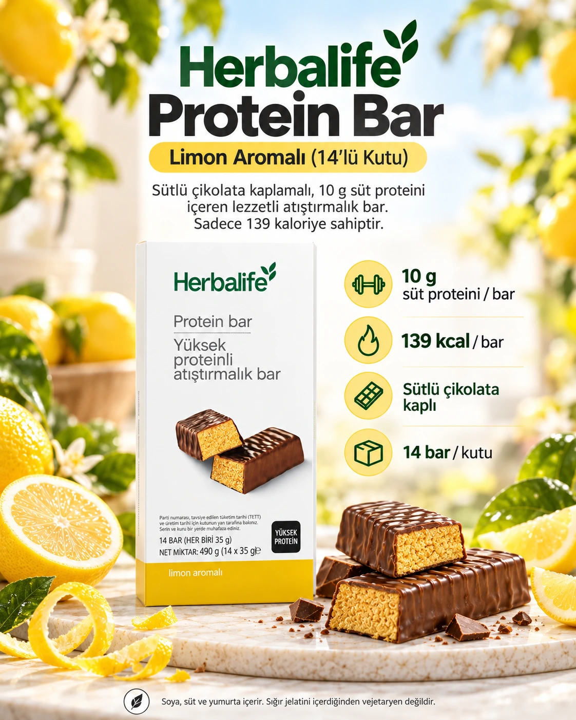 Herbalife Protein Bar Limon Aromalı 14’lü Kutu Herbalife Protein Bar Limon Aromalı 14’lü Kutu görseli; bar başına 10 g süt proteini ve 139 kcal içeren sütlü çikolata kaplı protein bar.