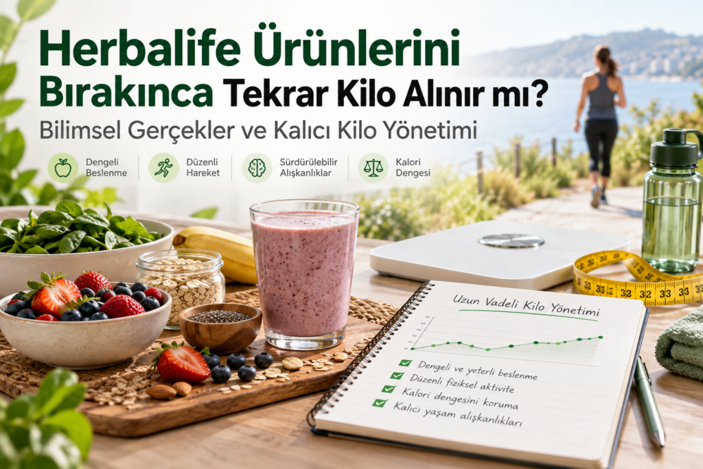 Herbalife ürünlerini bırakınca tekrar kilo alınır mı konulu makale görseli; dengeli beslenme, düzenli hareket, kalori dengesi ve kalıcı kilo yönetimini anlatan 3:2 ana görsel.