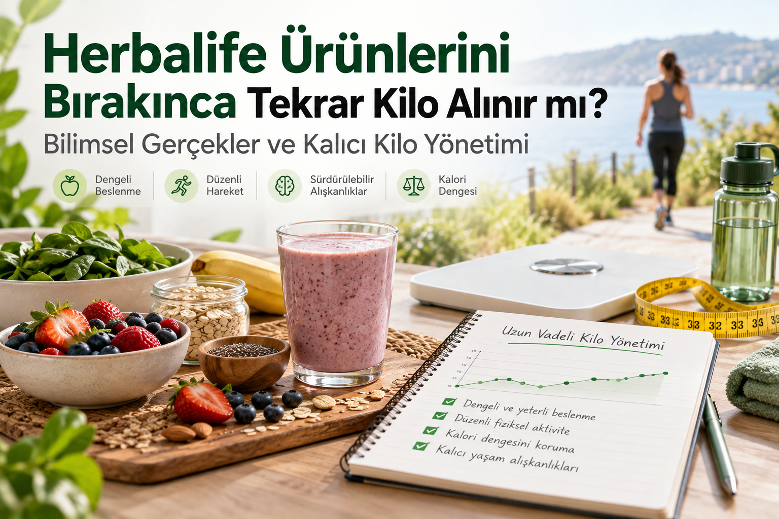 Herbalife ürünlerini bırakınca tekrar kilo alınır mı konulu makale görseli; dengeli beslenme, düzenli hareket, kalori dengesi ve kalıcı kilo yönetimini anlatan 3:2 ana görsel