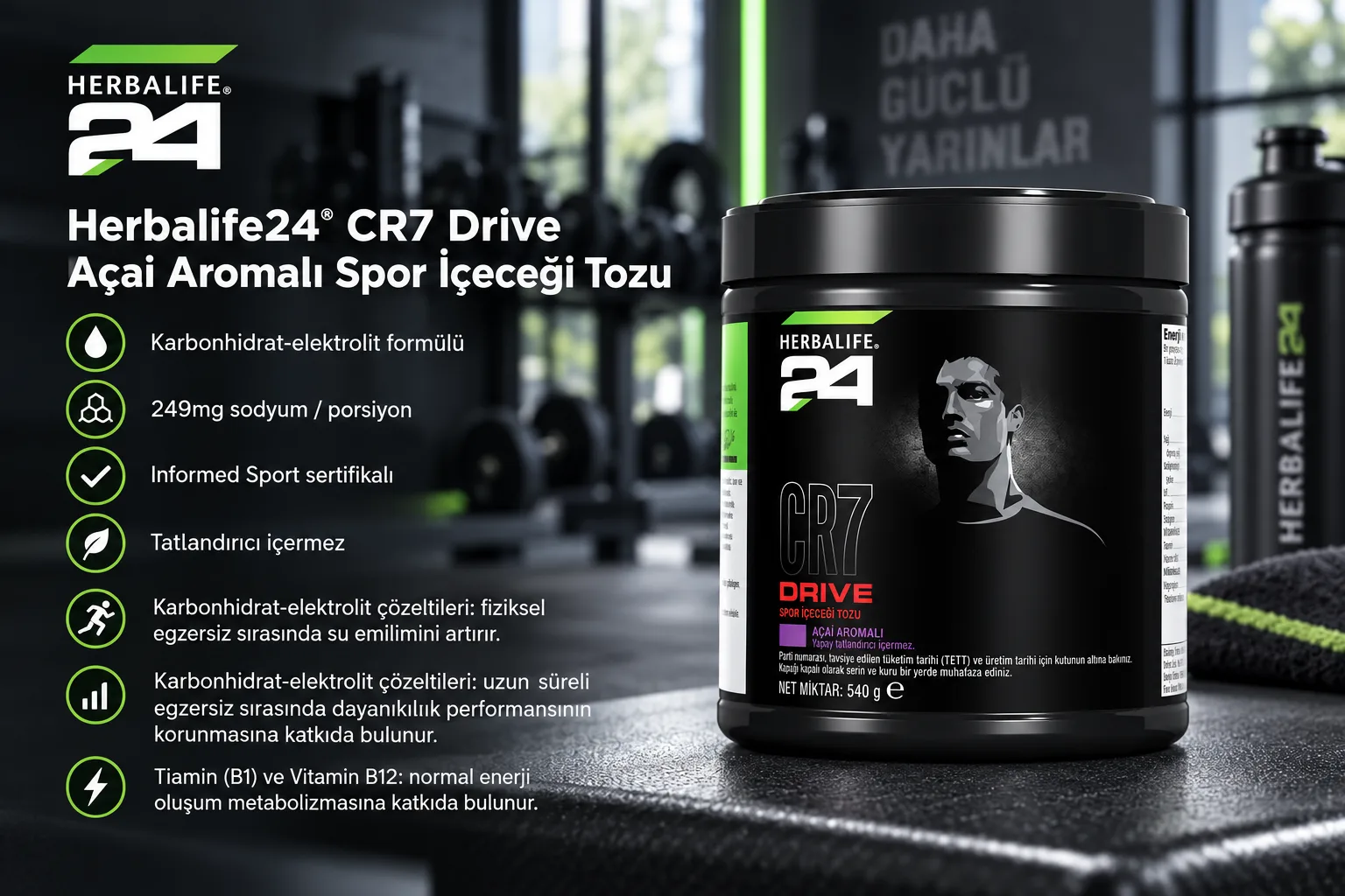Herbalife24 CR7 Drive açai aromalı sporcu içeceği tozu 540 g kutusu