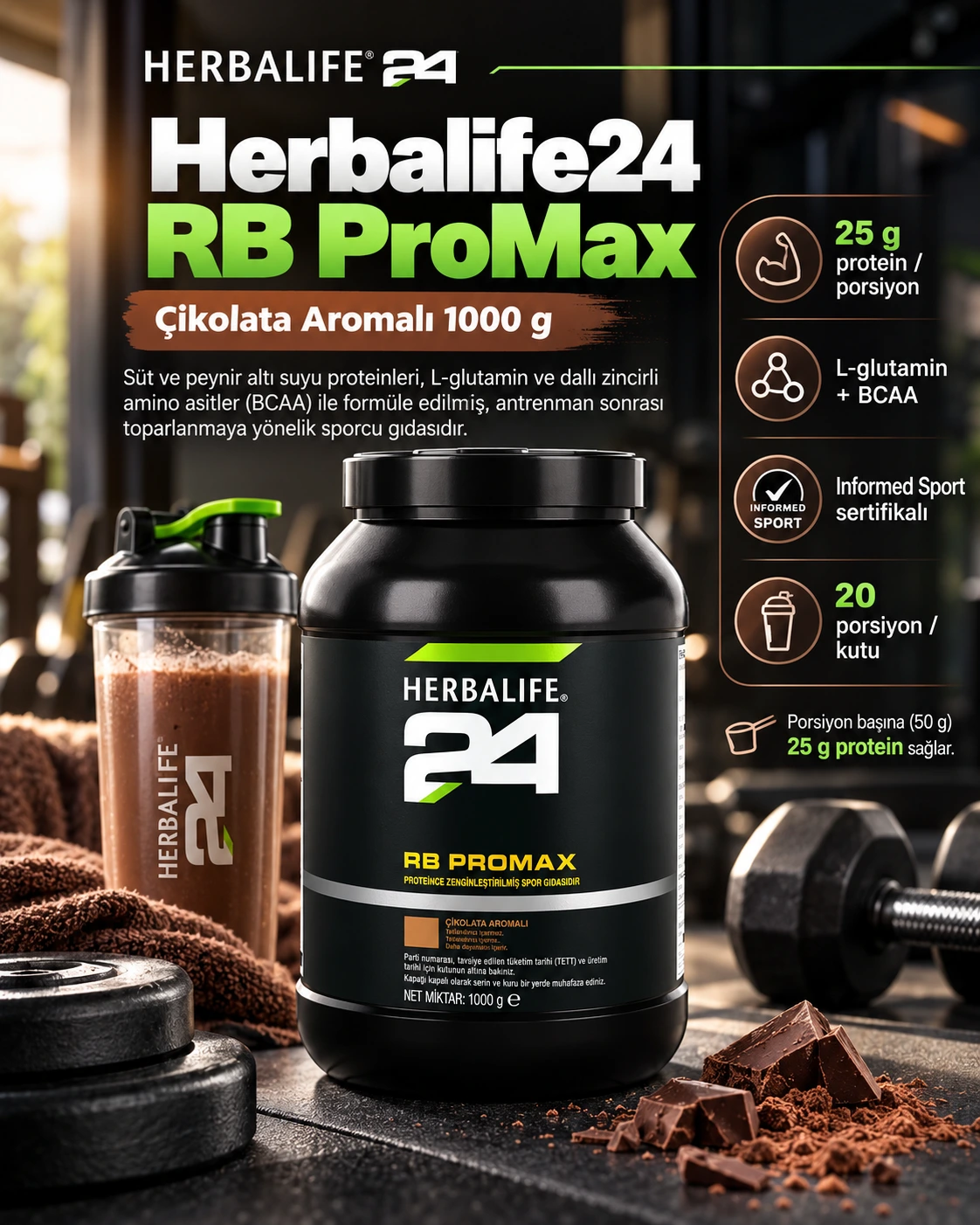 Herbalife24 RB ProMax Çikolata Aromalı 1000 g Herbalife24 RB ProMax Çikolata Aromalı 1000 g görseli; 25 g protein, L-glutamin, BCAA ve Informed Sport sertifikalı antrenman sonrası sporcu gıdası.