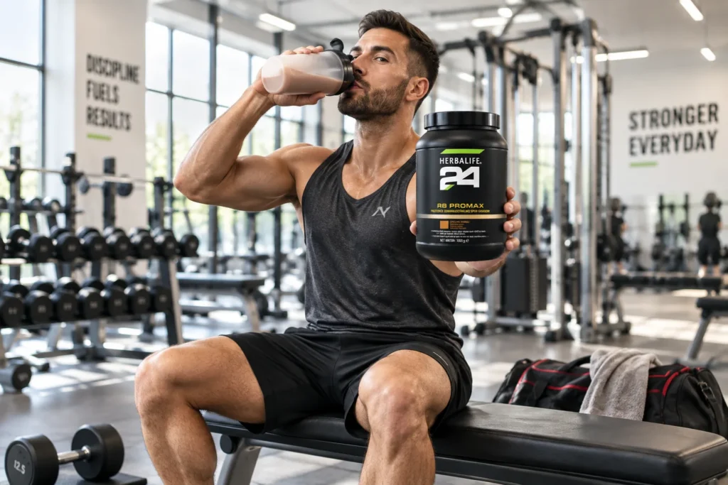 Aydınlık spor salonunda atletik genç erkek bir elinde Herbalife24 RB Promax ürününü uzatırken diğer elindeki shaker’dan protein shake içiyor.