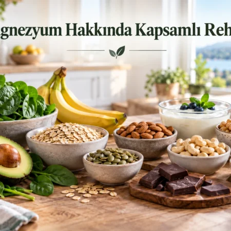 Modern mutfak masasında magnezyum içeren besinlerle hazırlanmış, “Magnezyum Hakkında Kapsamlı Rehber” başlıklı görsel