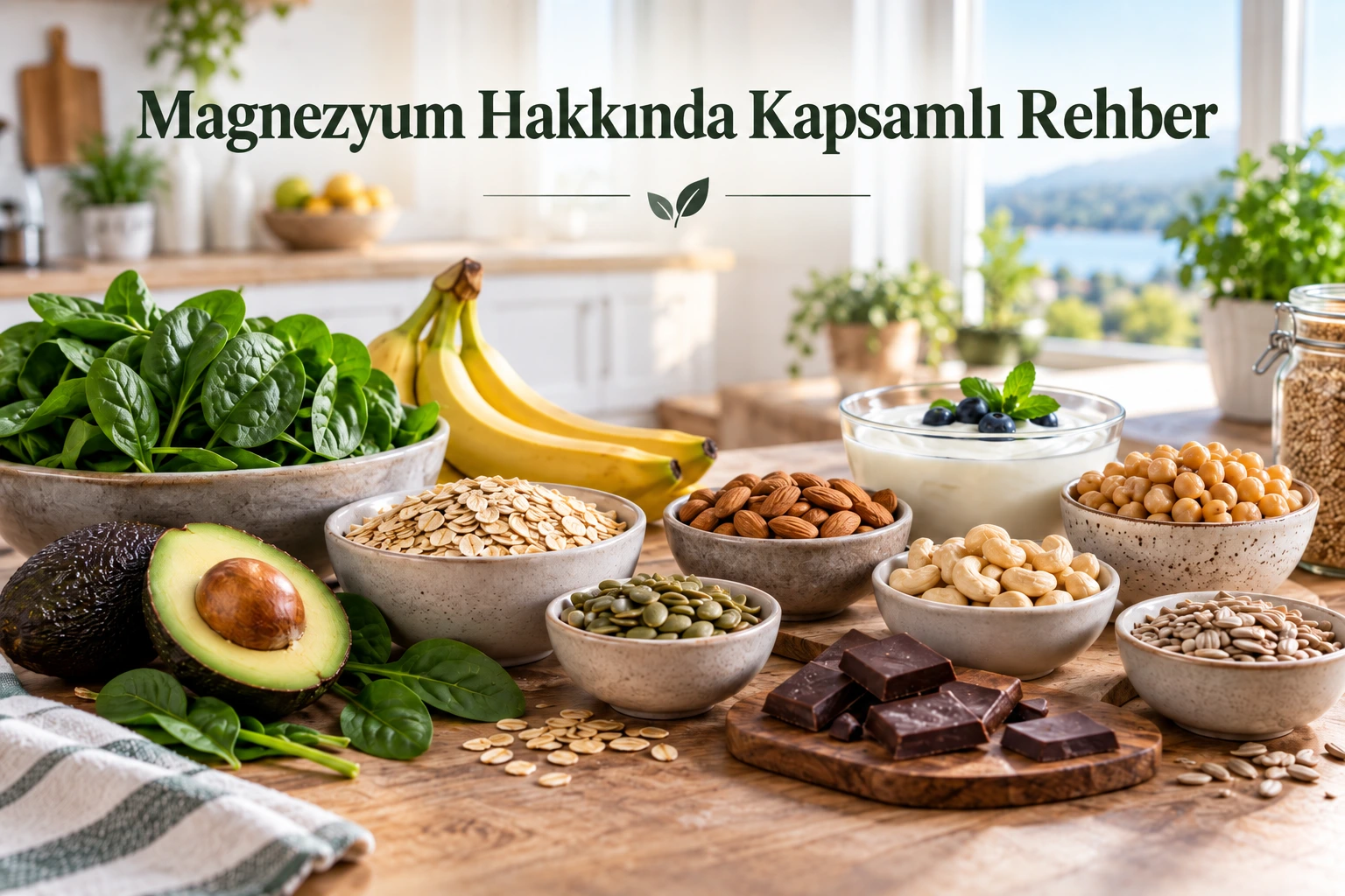 Modern mutfak masasında magnezyum içeren besinlerle hazırlanmış, “Magnezyum Hakkında Kapsamlı Rehber” başlıklı görsel