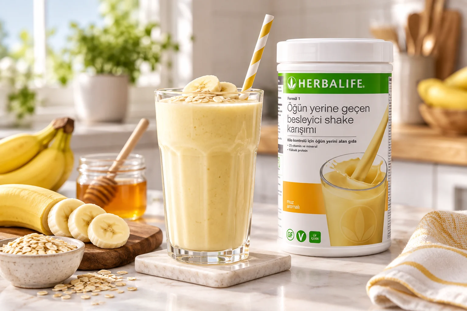 Herbalife Formül 1 ile hazırlanmış farklı aromalarda shake bardakları, meyveler ve blender ile mutfak masası