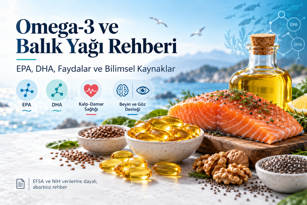 Omega-3 ve balık yağı rehberi görseli; EPA, DHA, kalp-damar sağlığı, beyin ve göz desteği ile balık yağı kapsülleri ve somon içeren 3:2 ana görsel.