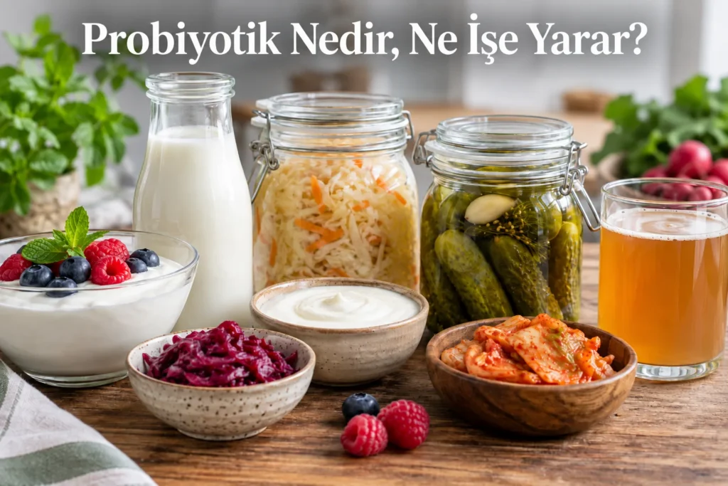 Probiyotik nedir ve ne işe yarar konulu görsel; yoğurt, kefir, fermente gıdalar ve sağlıklı besinlerle hazırlanmış doğal sofrada beyaz yazıyla başlık yer alıyor.