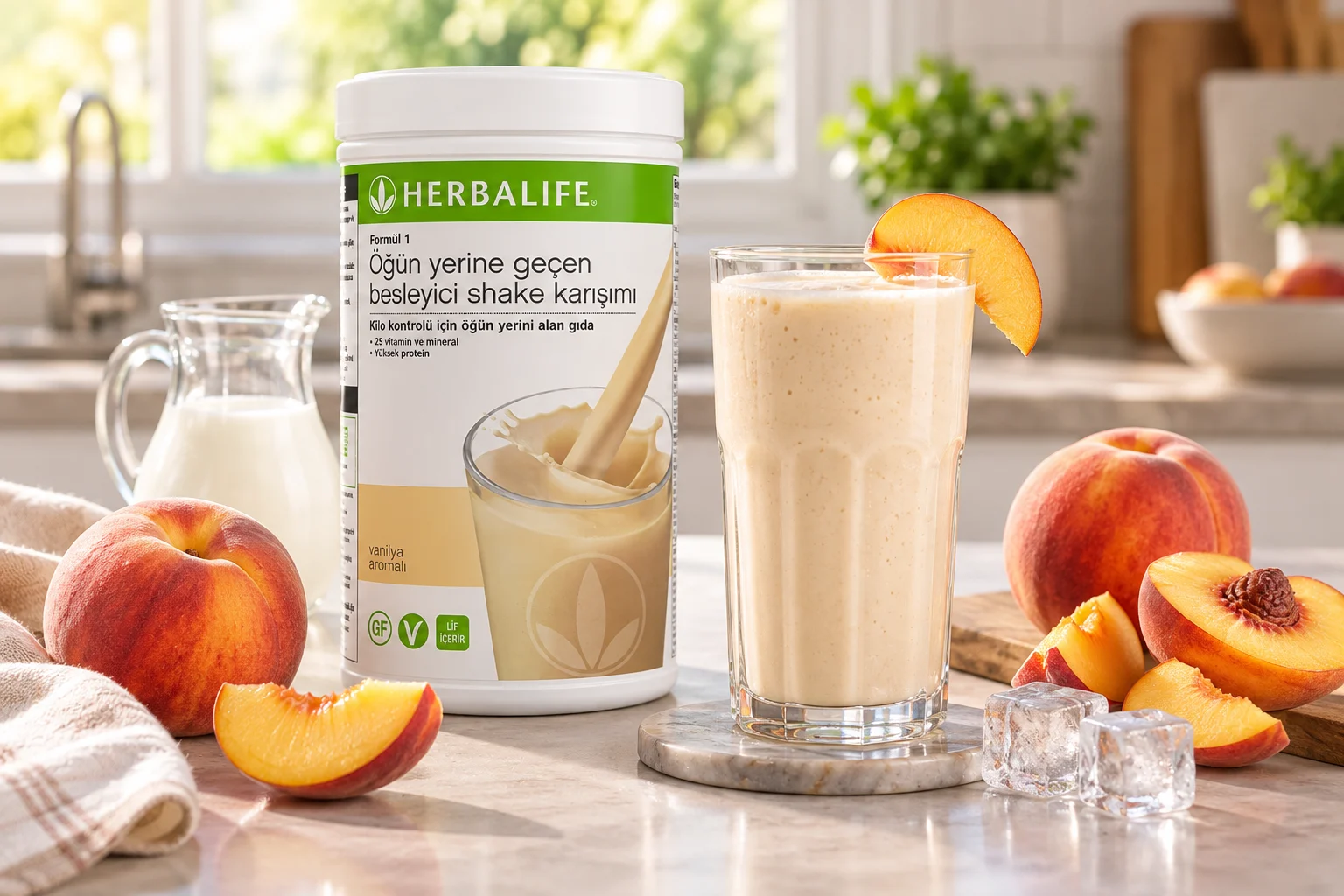 Herbalife vanilya aromalı shake ve olgun şeftali ile hazırlanmış yazlık shake tarifi