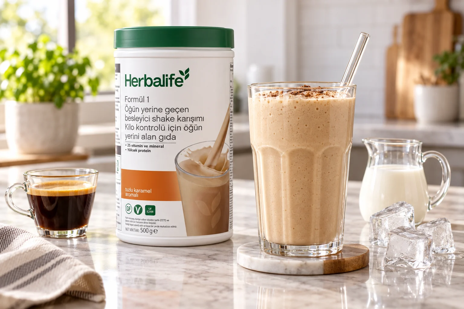 Herbalife tuzlu karamel aromalı Formül 1 shake ve espresso ile hazırlanmış kahveli shake tarifi