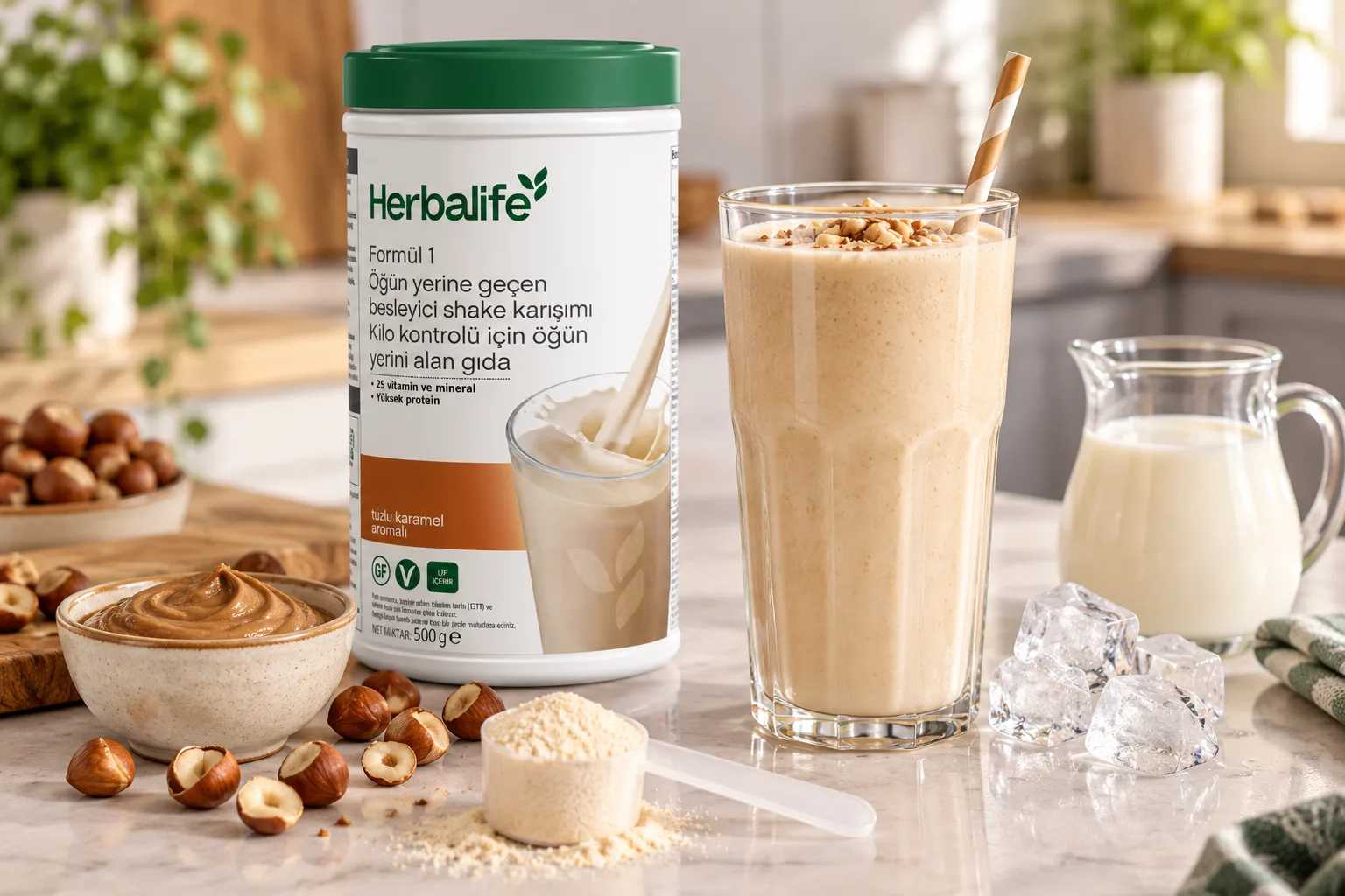 Herbalife tuzlu karamel aromalı shake ve fındık ezmesi ile hazırlanmış kremamsı fındıklı shake tarifi