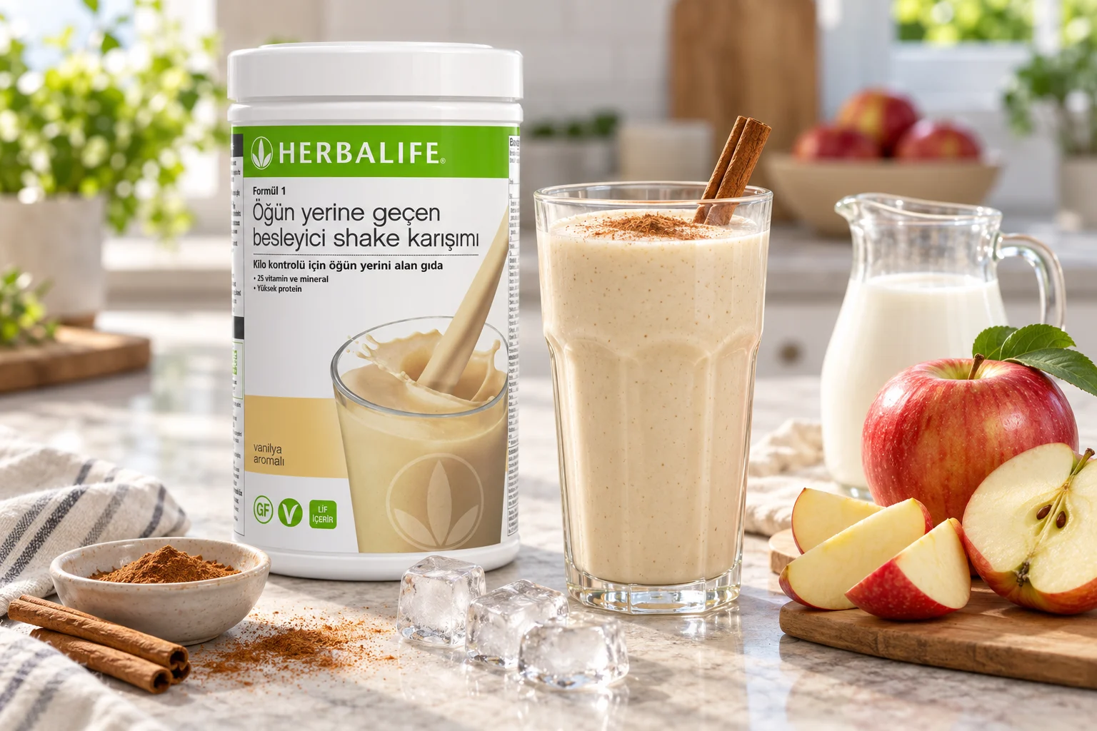 Herbalife vanilya aromalı shake, elma parçaları ve toz tarçın ile hazırlanmış elmalı tarçınlı shake tarifi