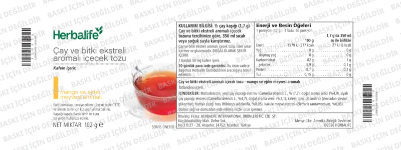 Herbalife Mango ve Ejder Meyvesi Aromalı Çay ürün etiketi