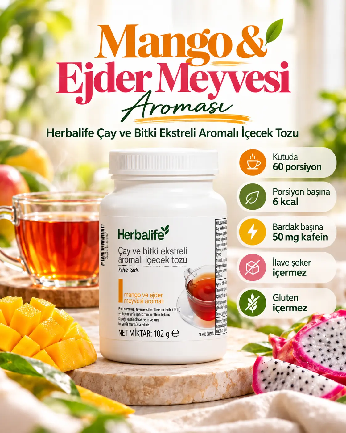 Herbalife Mango ve Ejder Meyvesi Aromalı İçecek Tozu Herbalife Çay ve Bitki Ekstreli Aromalı İçecek Tozu mango ve ejder meyvesi aromalı 102 g reklam görseli