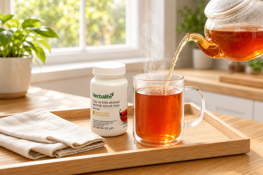 Herbalife mango ve ejder meyvesi aromalı çay ve bitki ekstreli içecek tozu 102 g yanında sıcak hazırlanmış içecek