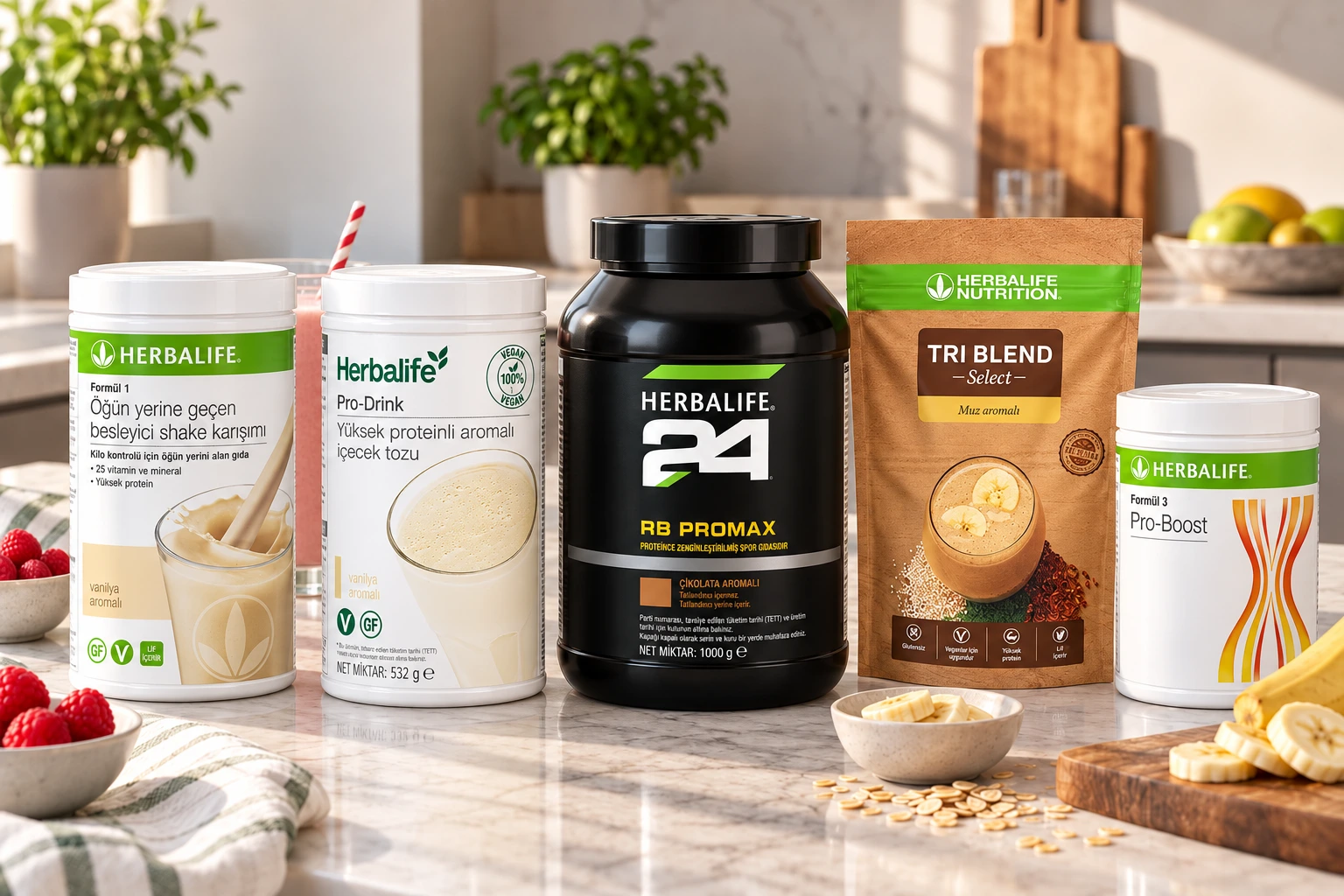 Herbalife Formül 1, Pro-Drink, H24 RB ProMax, Tri Blend Select ve Formül 3 Pro-Boost ürünleri modern mutfak tezgâhında.
